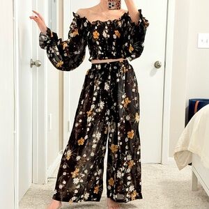 #035 | Smocked Chiffon Balloon Sleeve Blouse & Palazzo Pants Set | Black | XS/S